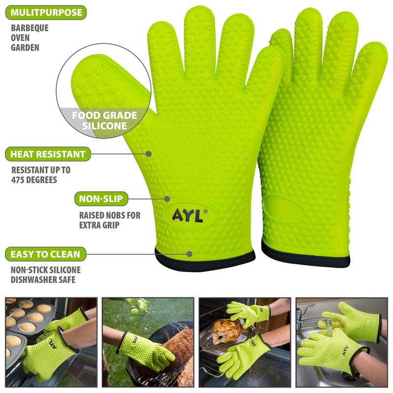 AYL Grilling Gloves, Heat Resistant Gloves BBQ Kitchen Silicone Oven Gloves, Safe Handling of Hot Food, Pots and Pans for Barbecue, Cooking, Baking - Internal Protective Cotton Layer - Image 4